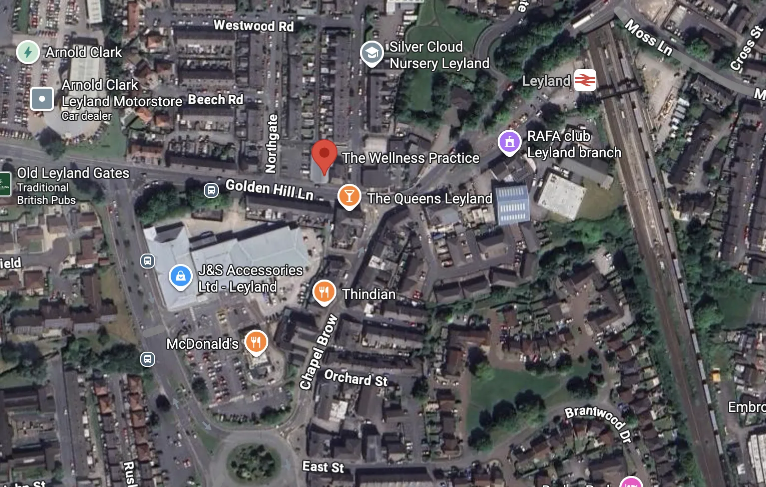 Map showing CF Organic Wellness at 8 Golden Hill Lane, Leyland PR25 3NP